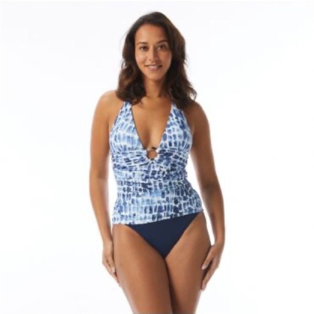 NWOT CARMEN‎ MARC VALVO | Blue White Amalfi Coast Shirred Halter Tankini L